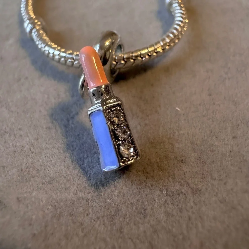 Lipstick Charm Bead Dangle Pink Blue Enamel Crystal Silver Tone Bracelet